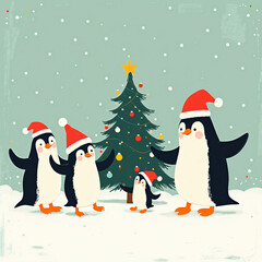 Fototapeta premium Penguin Family Christmas Celebration: A charming illustration of a penguin family, adorned in festive Santa hats.