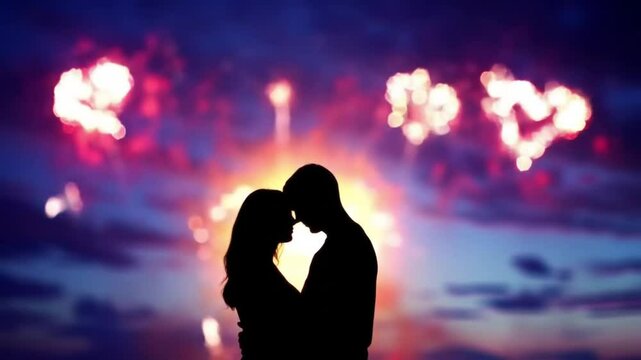 Silhouette couple embracing on beach at sunset time