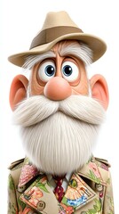 Smiling Adventurer: A charming portrait of an elderly adventurer, his face adorned with a distinguished white beard and a friendly smile, wearing a classic hat and a unique floral coat.