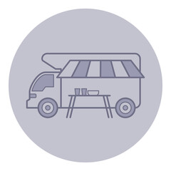 Food truck parked on bustling urban street, with open serving area with tables. Customers enjoying variety of dishes in lively atmosphere