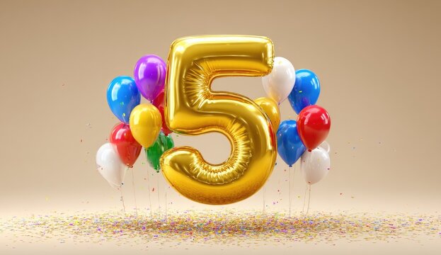 3D number 5 golden foil balloon with colorful balloons and confetti on a beige background for a birthday party celebration. 