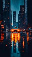 Bright orange taxi drives forward on wet city street at night in the rain
