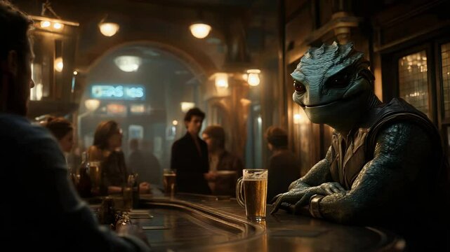 A unique alien encounter unfolds in a cozy and inviting bar environment