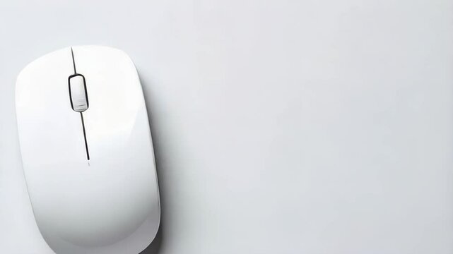 Minimalist white wireless computer mouse on white background, top view. Sleek design for desktop or laptop, essential office device.