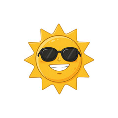 Bright yellow sun with sunglasses smiling in a cheerful and summery cartoon illustration