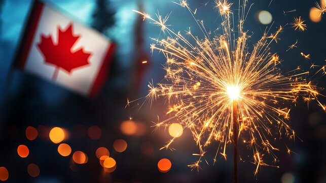 Bright sparkler bursts with golden light against the blurred Canadian flag backdrop tonight