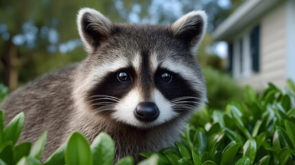 Curious raccoon peeking through foliage in a natural setting