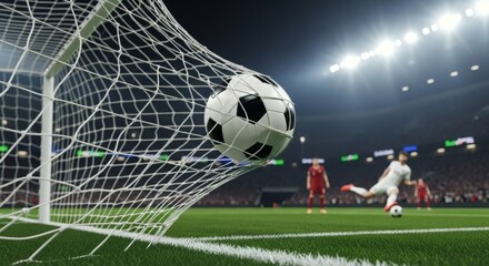 Goal! Dramatic Soccer Moment Ball in Net, Stadium Lights