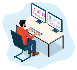 A businessman analyzes data with colorful charts and graphs on two large monitors, featuring design concepts for business data analysts and finance investment.