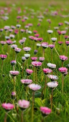 Fototapeta premium Spring meadow blooming pink and white daisies