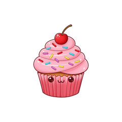 Smiling cupcake with pink icing and cherry