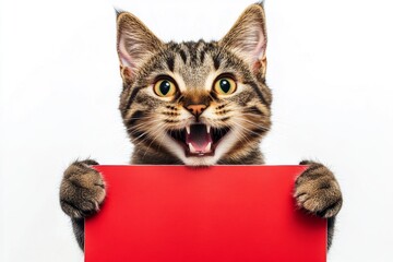 Ð¡ute adult cat manx hold in front paws a concept - large red drive sign. Cat photo ad. Isolated cat on a solid outfit pure white background. Kitten ad visual. Creature photo for brand.