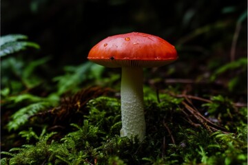 Close-up of a red amanita mushroom with dew-covered cap nestled in forest moss, glowing in soft morning light, blending beauty with natural danger.