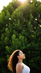 Naklejka premium Woman breathes deeply in nature, peaceful serenity