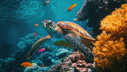Obraz premium Colorful Turtle and Fish in Vibrant Underwater Scene