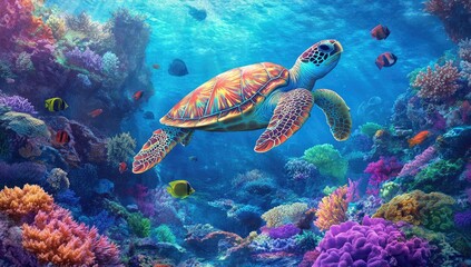 Sea Turtle Swimming in Clear Coral Reef Waters