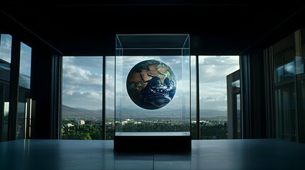 Pixelated Earth Globe In Glass Display Case With City View