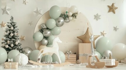 Charming neutral baby photography backdrop with soft pastel hues and wooden toys
