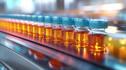 conveyor with the glass jars, modern pharmaceutical factory. 
