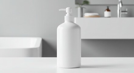 Minimalist white lotion bottle in bathroom