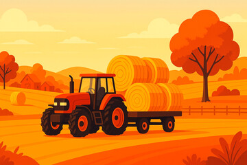 Farm Tractor with Hay Rolls in Autumn Landscape – Agricultural Concept Illustration with Warm Colors