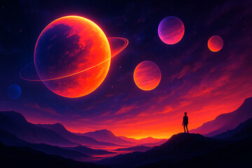 Surreal Space Landscape with Planets – Sci-Fi Concept Art of Cosmic Scene and Outer Galaxy
