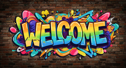 Colorful spray paint urban graffiti art happy on a grunge brick wall