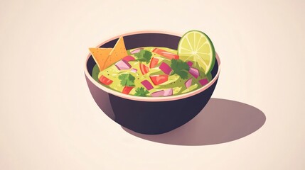 Bowl of vibrant guacamole with tortilla chips and lime