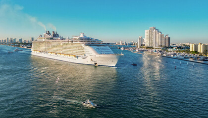 Cruise ship voyage. Aerial view of cruise in summer vacation. Cruise ship tour and travel at sea....
