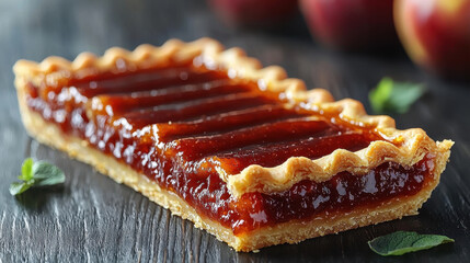 Delicious apple pie with golden crust and rich, glossy filling, garnished with fresh mint leaves, evokes warmth and comfort. Perfect for dessert lovers and gatherings
