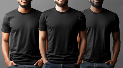 Obraz premium Young men wearing black t shirts, showcasing casual and stylish look. men stand confidently, highlighting versatility of t shirt design