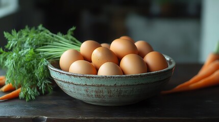 Brown eggs in blue bowl nestle among carrot tops on dark wooden table