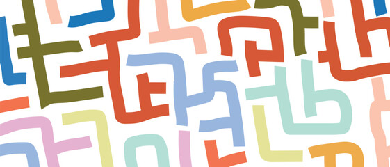 Geometric maze colorful seamless pattern. Brush drawn colorful scribbles. Abstract maze geometric vector background. Irregular labyrinth pattern in bright colors. Hand drawn intricate banner