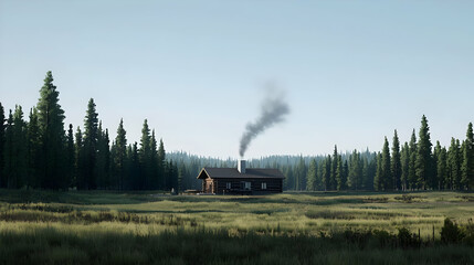 Wooden Cabin In Pixelated Forest Landscape