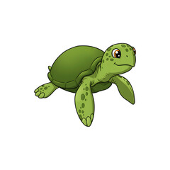 Cute green sea turtle swimming with a gentle expression, centered on white background