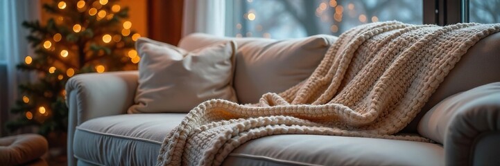 Cozy winter scene featuring a plush couch draped with a thick knit throw blanket, perfect for a relaxing day indoors Warm, inviting lighting adds to the comfortable ambiance , fluffy, christmas