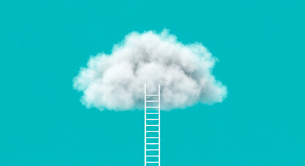 Ladder Reaching Fluffy Cloud on Blue Sky – Dreamy Escape, Fantasy, and Success Concept Design