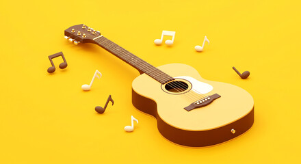 Guitar and Music Notes on Yellow Background – Artistic 3D Musical Scene for Creative and Acoustic Vibes