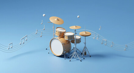 Blue Background with 3D Drum Set and Flying Notes – Musical Creativity and Performance Concept