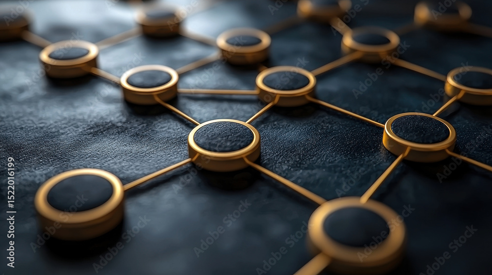 Poster network structure featuring circular nodes connected by thin lines, set against textured dark surfac