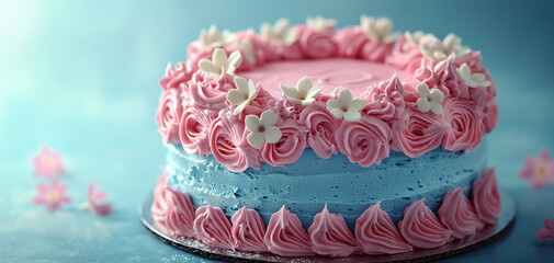 Beautiful photorealistic image of sweet cake adorned with pink and blue frosting, featuring delicate floral decorations that evoke sense of joy and celebration