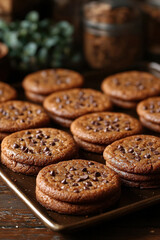 Cookies with chocolate chips are arranged neatly on baking tray, showcasing their golden brown color and tempting texture. warm, inviting atmosphere enhances appeal of these treats