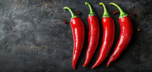 Fresh red chili peppers arranged dark textured surface, showcasing their vibrant color and glossy skin. These spicy ingredients add flavor and heat to various dishes, enhancing culinary