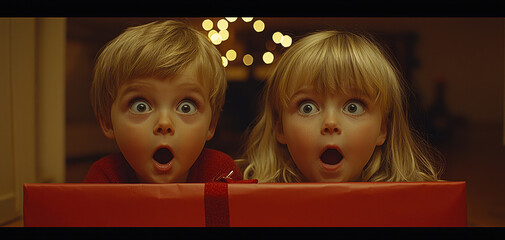 Surprised little children with wide eyes and open mouths, looking at large red gift box. warm background features soft glowing lights, creating festive atmosphere