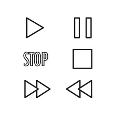 Illustration showing play pause stop forward and rewind media control symbols in a simple outline style design