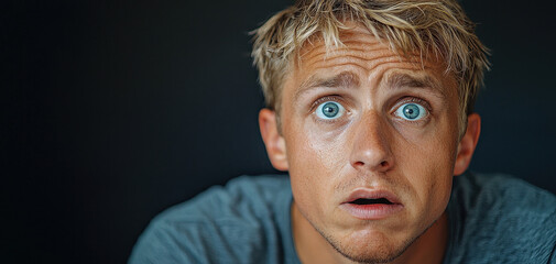 Man expressing panic with wide eyes and worried expression. background is dark, emphasizing his emotional state and features