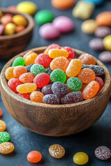 Colorful jelly beans in wooden bowl create vibrant and inviting display, perfect for candy lovers. assortment includes various flavors and colors, adding cheerful touch to any occasion