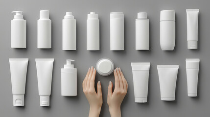 Collection of white cosmetic containers arranged neatly gray background, showcasing various shapes and sizes. female hands gently hold round container, emphasizing beauty and elegance of products