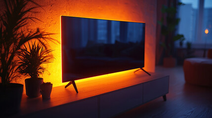 Modern living room featuring sleek television with ambient orange lighting, creating cozy atmosphere. scene is enhanced by decorative plants and soft furnishings, inviting relaxation
