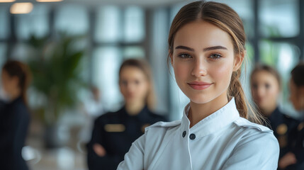 Confident young woman in white uniform stands in focus, showcasing warm smile, while other individuals in dark uniforms are blurred in background, creating professional atmosphere